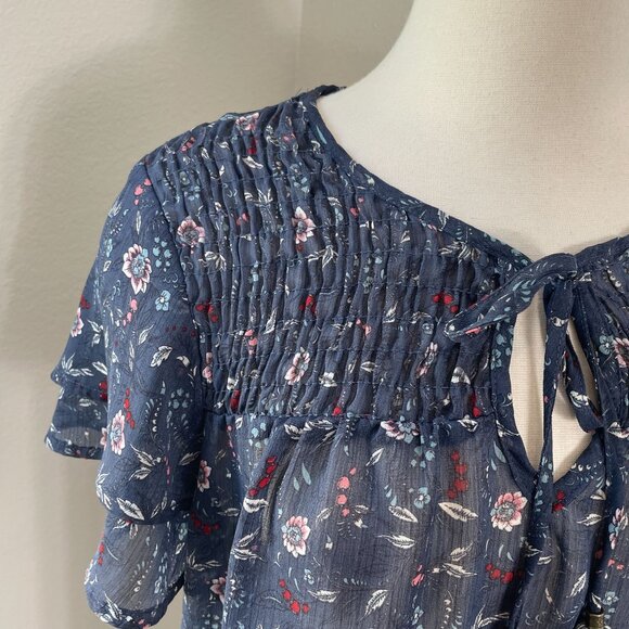 Knox Rose Womens XL Blue Floral Print Short Sleeve Semi Sheer Tunic Top Boho - Picture 3 of 10